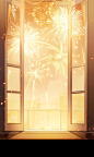 Golden window in a room with fireworks, in the style of soft brushwork, flat, limited shading, light use of color, transparent/translucent medium, happenings, cabincore, light yellow