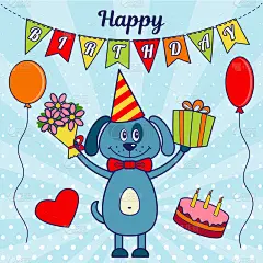 生日贺卡快乐。一只卡通狗带着礼物，还有一束鲜花、气球、爱心和一个插着蜡烛的蛋糕。矢量图