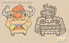 插画—卡其色底黄色圆点上的怪物插画|动物|怪物|黄色圆点|卡通人物|卡通人物图片|漫画人物|人物素材|人物图片|矢量人物