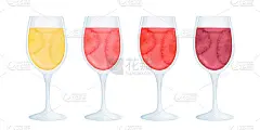 水彩插图包不同类型的葡萄酒在经典的玻璃杯。独立的剪纸元素的创意设计装饰，打印，海报，模板，横幅。手绘
