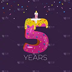  5周年纪念日。生日贺卡。请访问。生日蛋糕字体编号5与烛光。矢量说明.