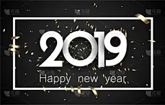 2019,黄金,黑色,新年卡,白色,闪亮的,贺卡,五彩纸屑,问候,庆祝