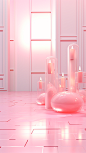 a white room with lights on it and lights on windows, in the style of light pink and light crimson, luminous 3d objects, classic still life compositions, translucent water, lively tableaus, crystalcore, kawaii aesthetic
