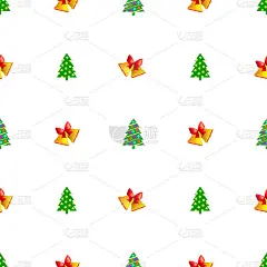 圣诞树上有五颜六色的圆球和亮黄色的星星，顶上无缝图案。木茎上的常青树。圣诞玩具在简单的卡通设计。壁纸