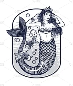 分离着色,美人鱼,王冠,女孩,书,幻想,海洋,性格,头发
