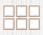 一套6平方木框架模型与边界挂在墙上。图片或文字的空白底座。3 d渲染。