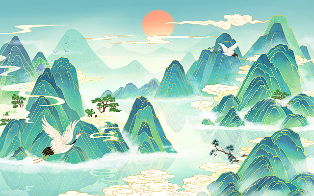 国潮浮云仙鹤太阳大树青绿山水插画国潮山水.jpg