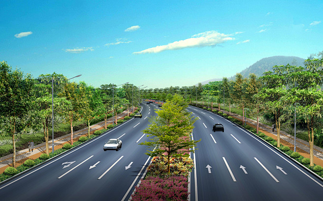 园林道路景观设计效果图植物绿化车行道高速...