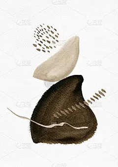 水彩抽象手绘插图与深褐色和沙子纹理形状，线和点。棕褐色和沙色图片，纵向。