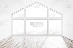 内部的空阁楼房间, 白色的墙壁, 白色的天花板, 木地板和大窗户与森林的景色。室内设计的概念。3d 