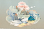 国潮中国风景山水插画元素背景