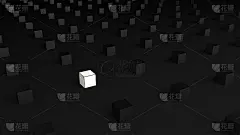 3 d渲染。发光的白色方盒被许多黑色方盒包围着。醒目的白色方框。发光的白色方形盒子孤立在简单的黑色背
