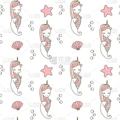 可爱的夏季无缝矢量图案背景插图与卡通麒麟海马
