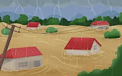 手绘卡通洪水灾害洪水淹没的房屋场景插画海报背景抗洪插画