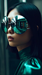 A beautiful young woman wearing a set of stainless steel sunglasses, in the style of misha gordin, serge najjar, pop inspo, space age, mirror, signe vilstrup, Blue and green realism
