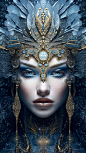 an illustration of female beauty with blue eyes and dark hair, in the style of ritualistic masks, caras ionut, 8k 3d, light gold and silver, tanya shatseva, close-up, symmetrical