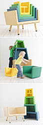儿童房专用积木家具，座椅、凳子和置物架自由搭建。