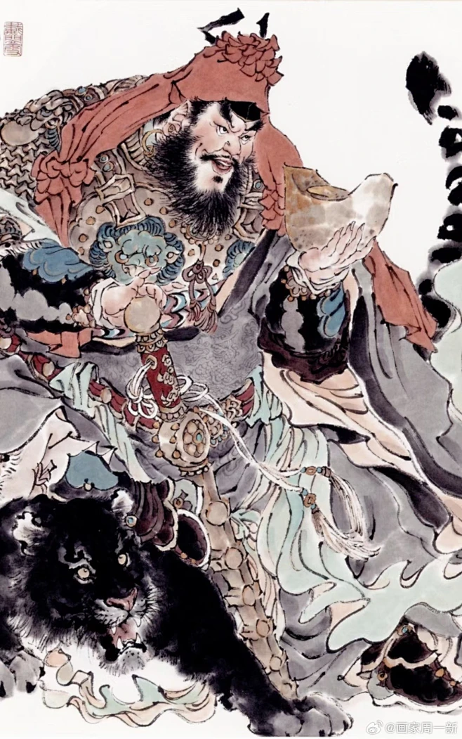 武财神赵公明。当今道教宫观中的财神神像，多为黑面浓须，骑黑虎，一手执银鞭，一手持元宝，全副戎装。赵公明，本名朗，字公明，又称赵玄坛，赵公元帅 ...