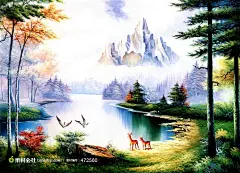 油画空中的高山和平静美丽的湖泊摄影背景桌面壁纸图片素材