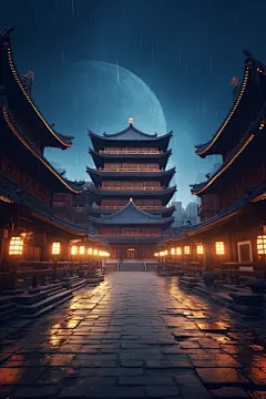 传统中式古风城市建筑夜景摄影图