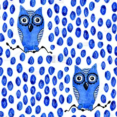 卡通人物猫头鹰鸟坐在树枝上。无缝模式。水彩插图孤立的白色背景。用于儿童产品的设计，封面，印刷品，包装