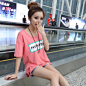 2014夏季新款韩版大码女装纯棉中长款字母宽松短袖女t恤打底衫潮