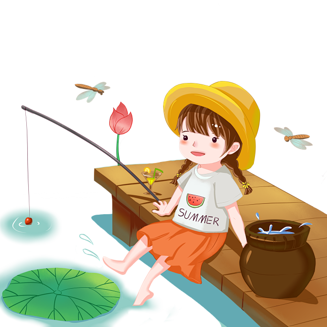 夏至可爱小女孩钓鱼游戏插画