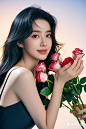 美丽的模特，东方女生，温柔，气质，大眼睛，甜美，明眸皓齿，唯美意境，手捧玫瑰，高级感，面部细节完美，人物细节精致，清透，奇幻的光影，细腻的光泽，磨砂质感，干净渐变背景，爱情元素，高度细节，