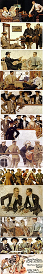 <br/>【J.C.Leyendecker】他是20世纪初美国最成功的插画家之一。小时候从德国移民到美国。相信大家很容易看出来，他更善于表现男性的神态和动作。J.C.Leyendecke终身未婚，大部分时间和他的模特男Charles Beach（Arrow Collar Man的最初的模特原型）生活在一起。<br/>