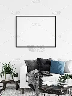 画框和海报模拟客厅。北欧室内。3d渲染，3d插图