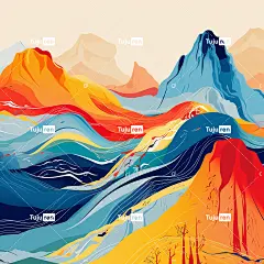 五颜六色的山亭子树与中国工艺红色黄色蓝山海报