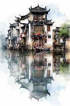AI数字艺术水墨风徽派建筑江南水乡插画