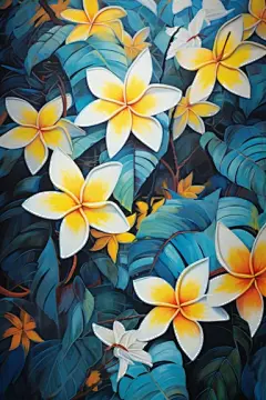 large randomly painted brush strokes of white tropical Frangipani