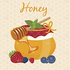 蜂蜜罐和蜂蜜勺的插图。向量