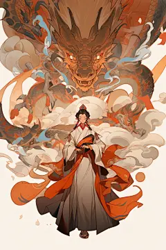 水墨古装红衣少女古风女孩和龙插画