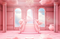 A pink and white room illuminated by lights in the style of storybook illustrations, neoclassical compositions, surreal architectural landscapes, high-angle, smoky backgrounds, high-resolution, 3Dblender effects,