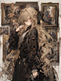 The photo frame at the gallery shows a long-haired blond anime girl with dark and gorgeous Gothic backgrounds, medium transparency, with dark and light gold elements, dressed in exquisite Night Core-style clothes and stone patterns, full of romance and sc