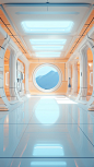 A spatial interior, no home, futuristic and technological, modern minimalist style, soft style, light blue and light amber style, C4D and OC renderer grid, ultra HD image