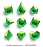 Gems Set. Cartoon green different shapes crystals, gemstones, diamonds vector gui assets collection for game design. Isolated vector elements. Gui elements, vector games assets. Mobile games