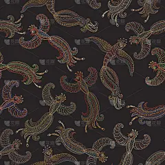矢量无缝模式在民族风格。奇异的飞禽，彩色的轮廓细线画与民间装饰在黑色的背景。刺绣剪影，墙纸，印花纺织