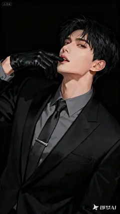 jimeng-2025-09-15-3052-细腻厚涂风格人物插画。cg艺术。极简画面，成年男性，黑色高定西装，灰色衬衫，领带