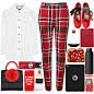 A fashion look from September 2016 featuring white shirts, plaid pants and red handbags. Browse and shop related looks.