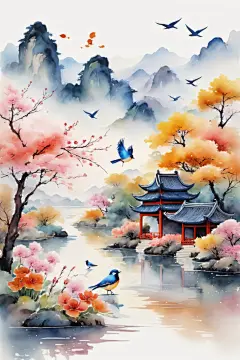 手绘国画中国风水墨画山水画插画