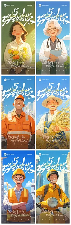 五一劳动节温馨感劳动者群像笑容插画海报