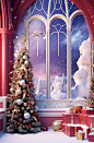 Christmas room christmas scene, in the style of vibrant stage backdrops, surrealist dreamlike scenes, aurorapunk, eye-catching, photorealistic renderings