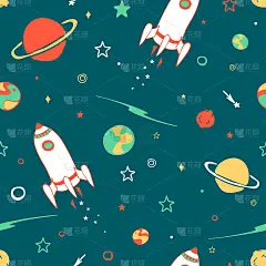无缝矢量模式与手绘的飞船和行星在绿色背景。儿童卡通空间壁纸设计。简单的银河时尚纺织品。