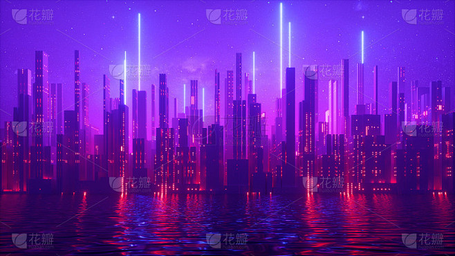 3d渲染，抽象的城市未来主义背景。霓虹灯...