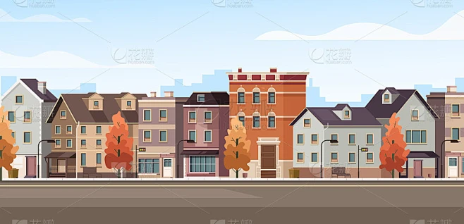 城市立面建筑城市街道全景概念。矢量平面设计卡通插图素材-花瓣网