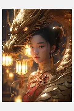 数字艺术手绘国风插画黄金女战士龙女战士-众图网