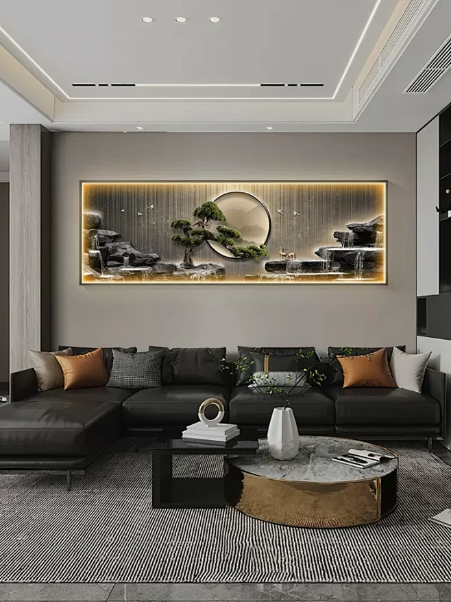 现代轻奢客厅装饰画流水生财挂画led发光灯画高档沙发背景墙壁画-tmall.com天猫-花瓣网